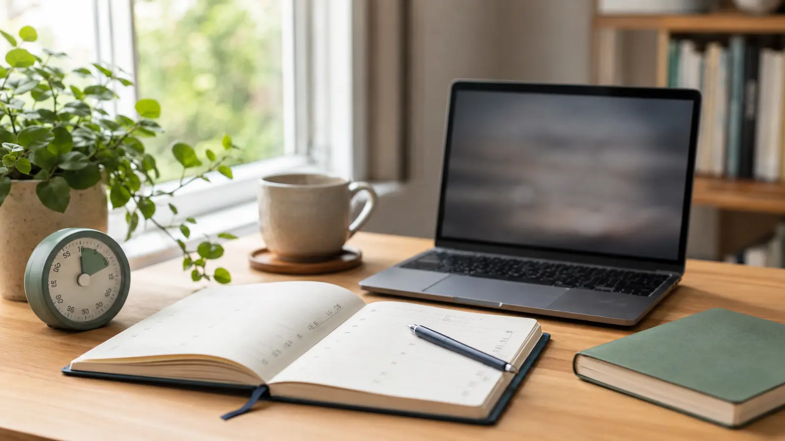 Planner, timer and laptop representing focus and productive work
