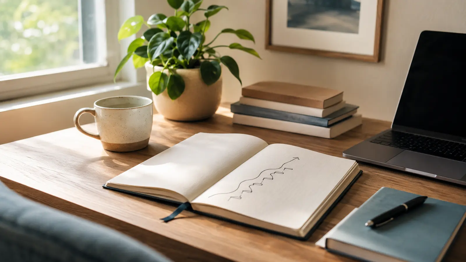 Open notebook showing a path of steady progress on a calm home-office desk