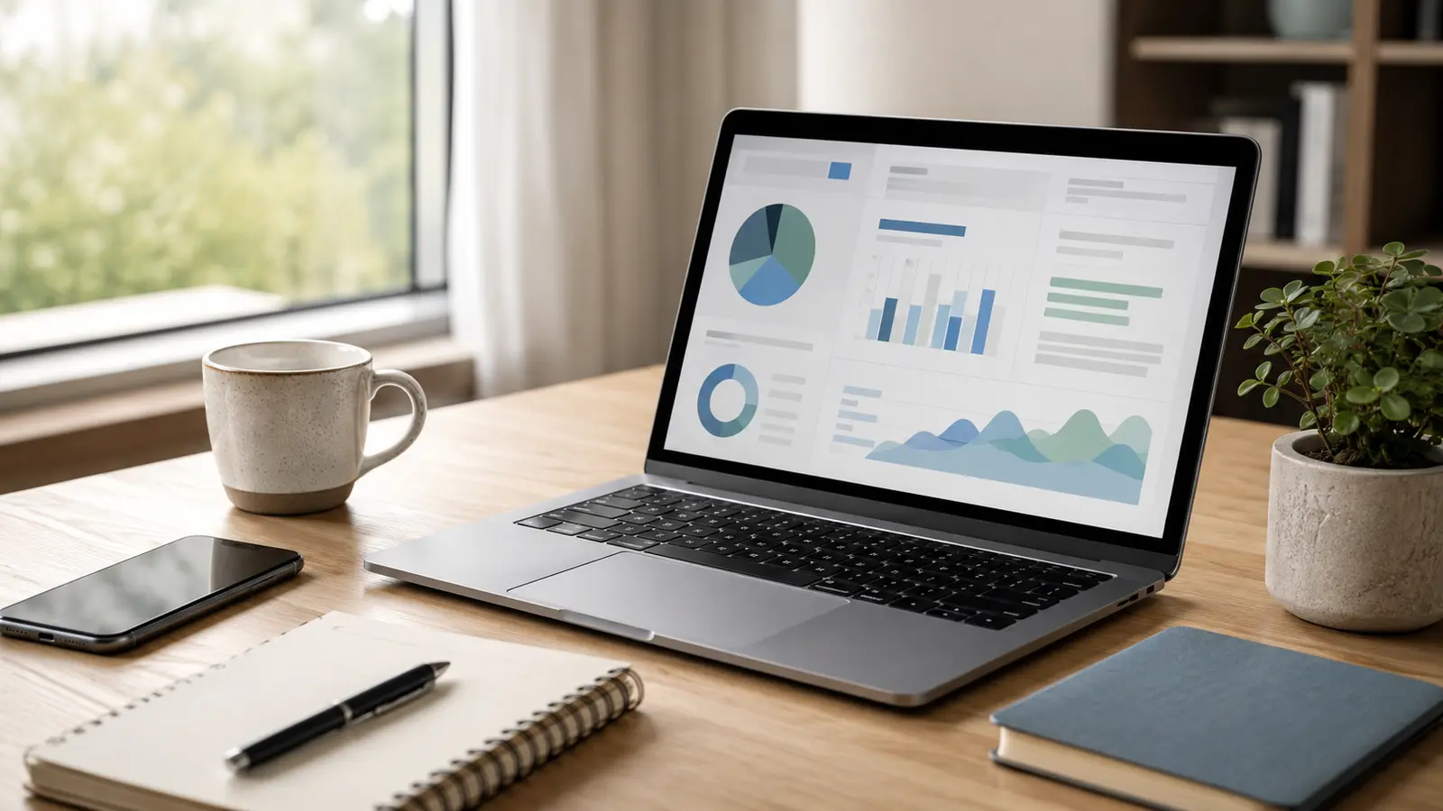 Laptop displaying online marketing analytics on a home-office desk