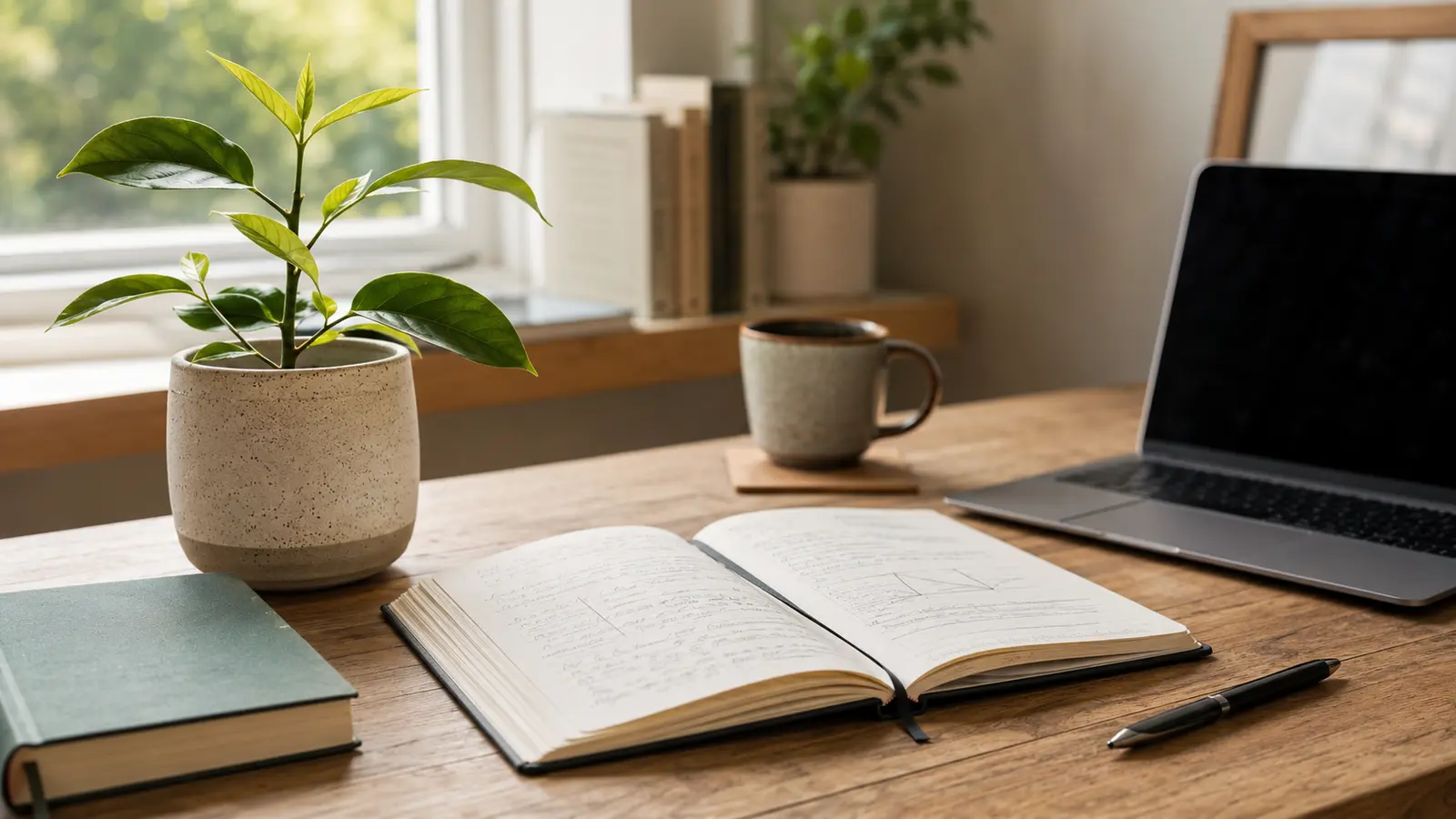 Growing plant and open notebook representing personal growth and continued learning