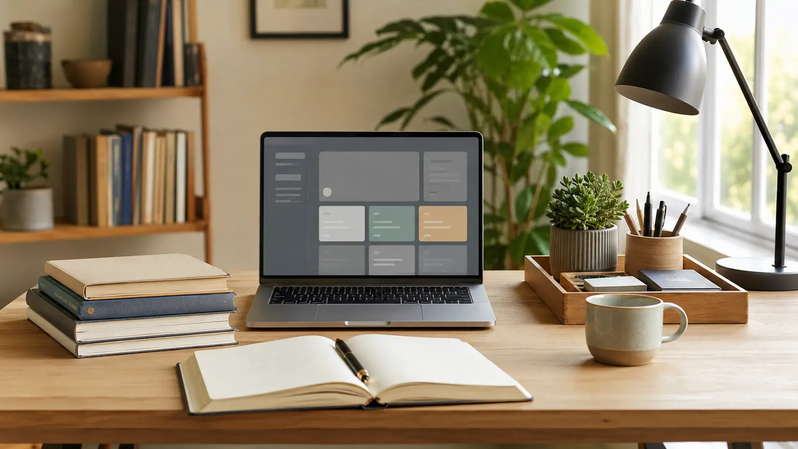 Laptop, books and notebook representing useful online business and personal growth resources